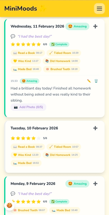 Diary page showing daily mood cards and mood trend chart