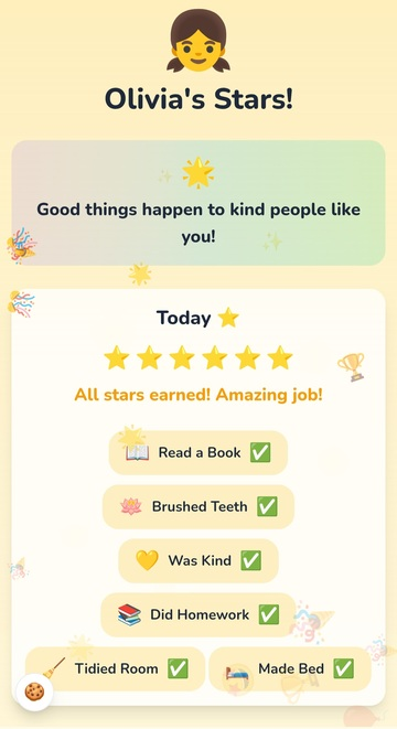 Kid-friendly share page showing stars, streaks, and mood picker